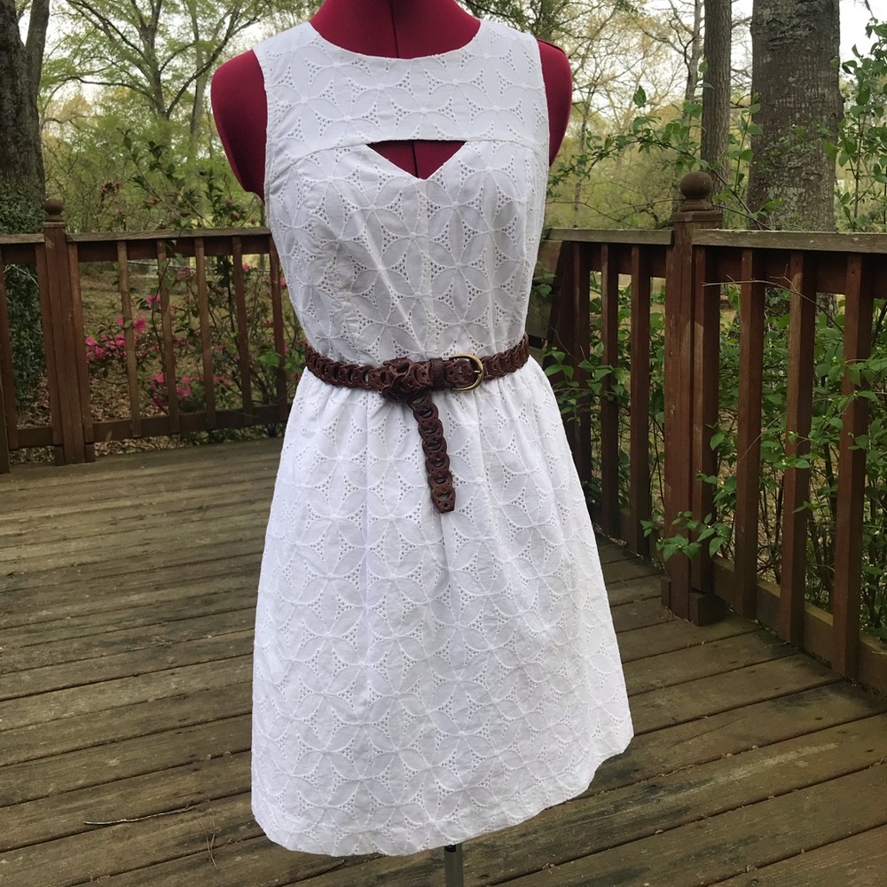 $89 eyelet Kensie dress w cutout at décolletage